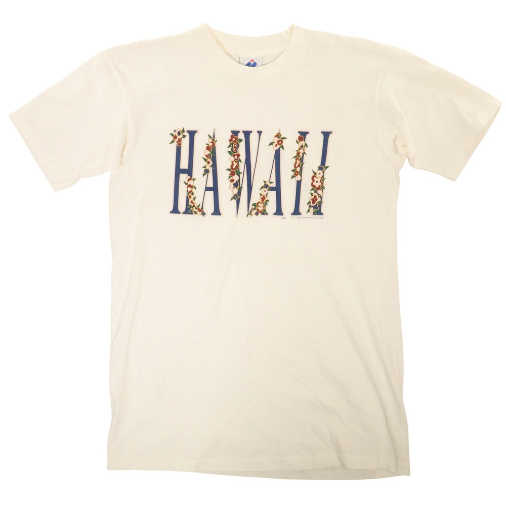 Vtg Hawaii T-Shirt Single Stitch Floral Spellout Graphic White Cotton USA Men M